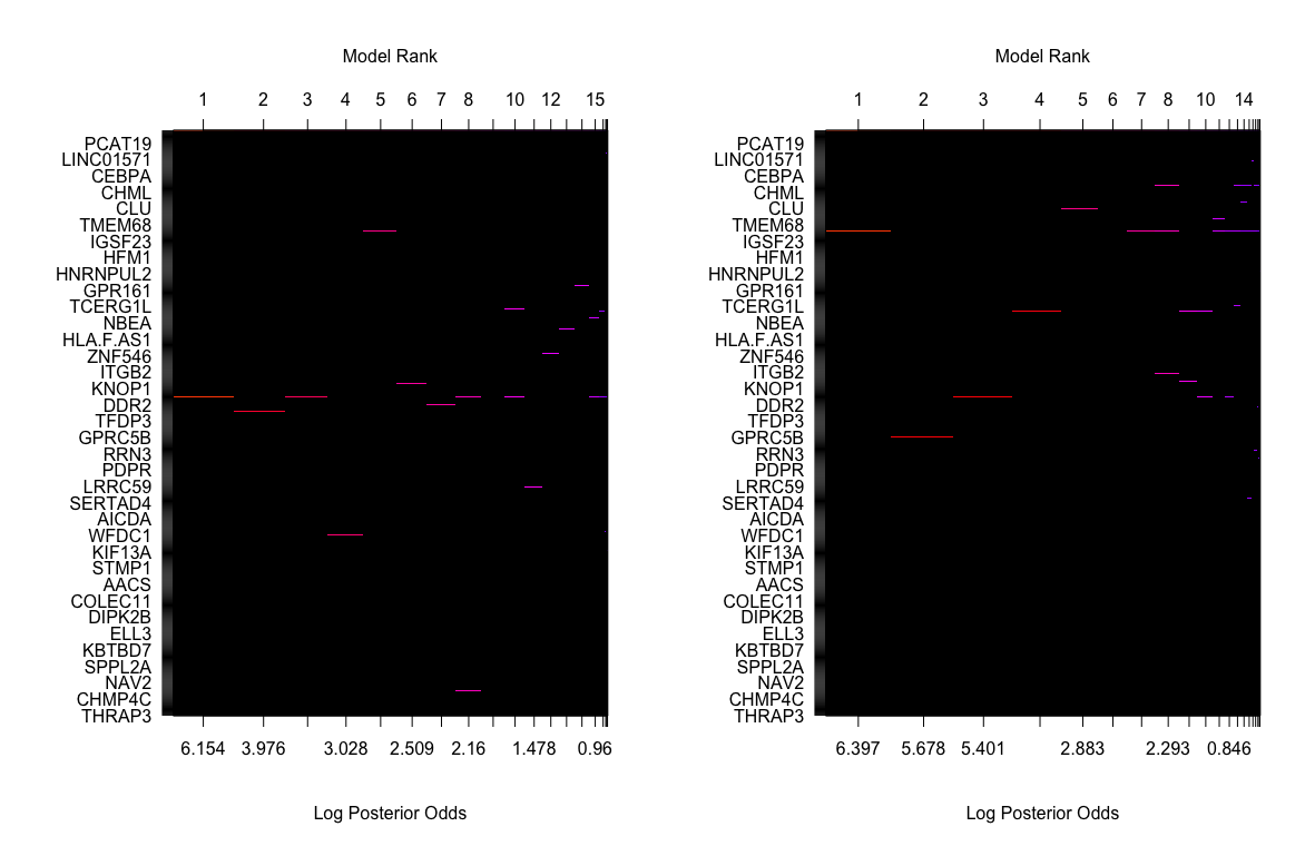 Left: Model space of TBF g-prior\
Right: Model space of hyper g/n g-prior